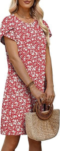 Womens Summer Dresses 2026 Tulip Petal Short Sleeve Crew Neck Casual Dresses with Pockets S-3XL