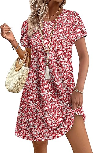 Womens Summer Dresses 2026 Tulip Petal Short Sleeve Crew Neck Casual Dresses with Pockets S-3XL